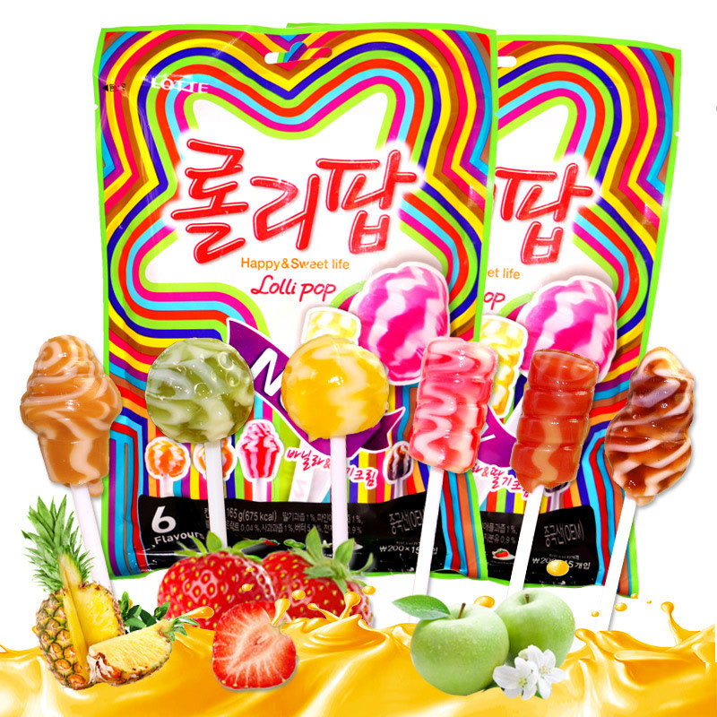 韩国进口 乐天冰激凌水果棒棒糖果6味165g