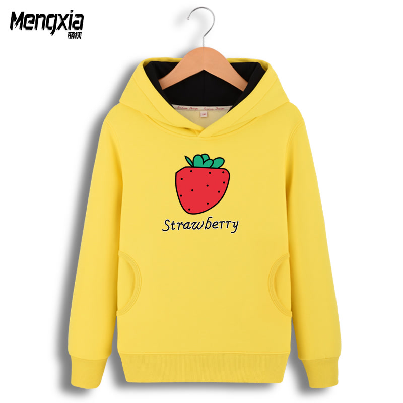 卡通水果加绒卫衣 中大童保暖可爱草莓苹果香蕉图案男女连帽衣服
